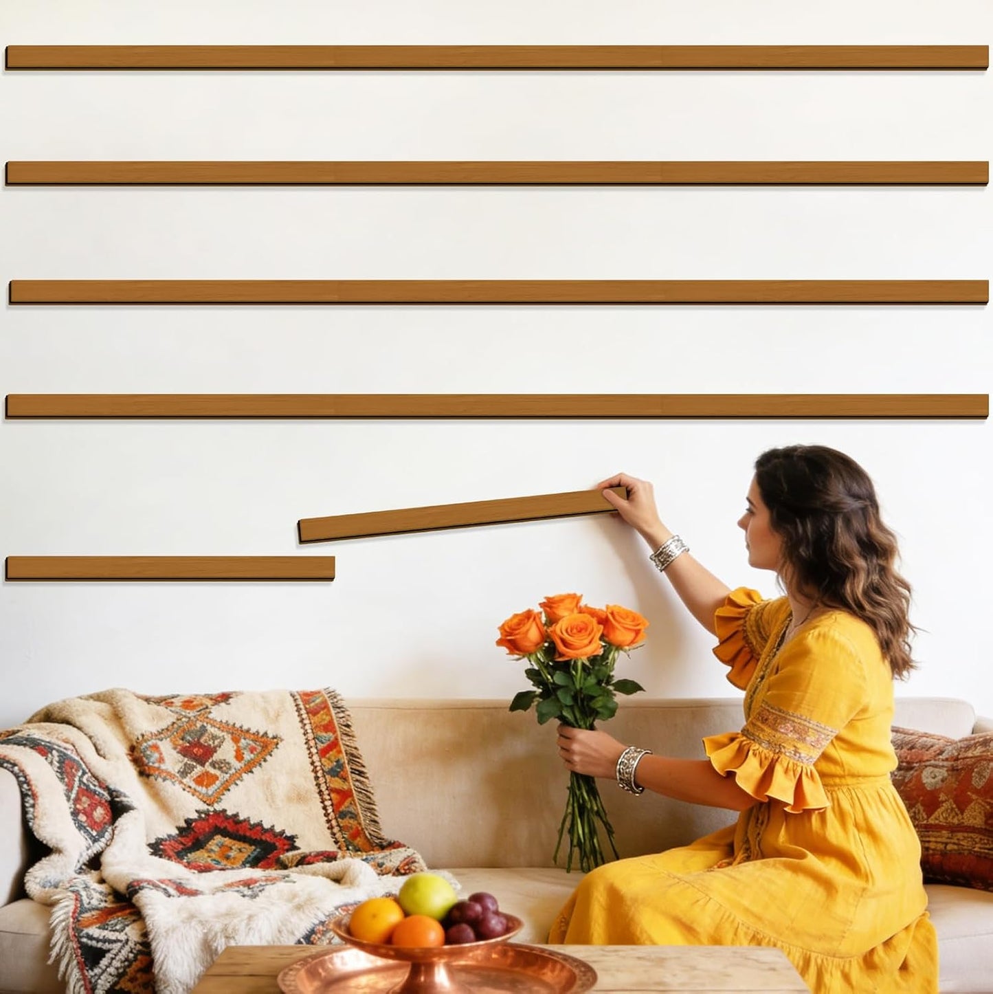 Large Rustic Wooden Wall Decor Striped Art Decoration Geometric Line Art / Wooden Brown / Set of 14