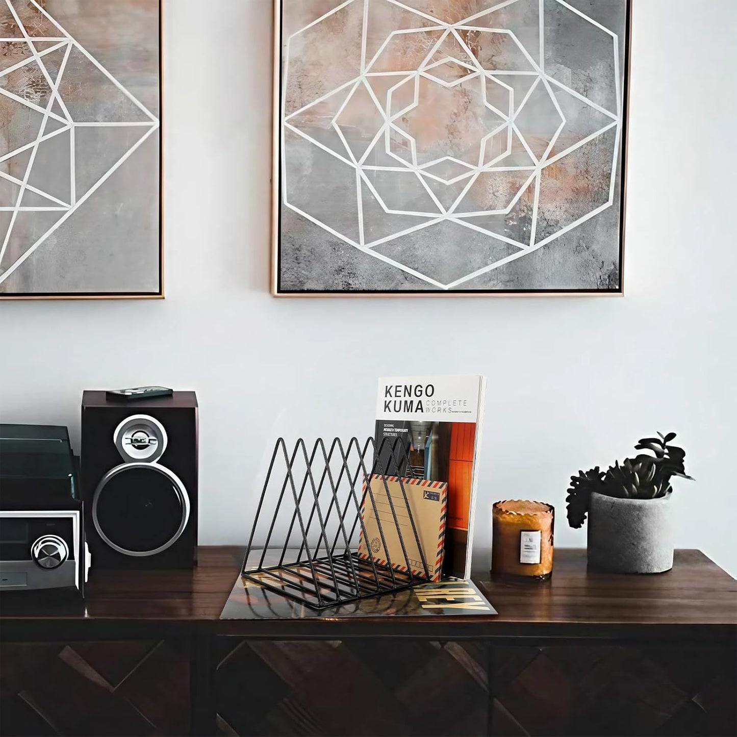 Vinyl Record Holder Storage, 9 Slot Metal Magazine Book Album Display Rack, Stylish Triangle Desktop File Sorter