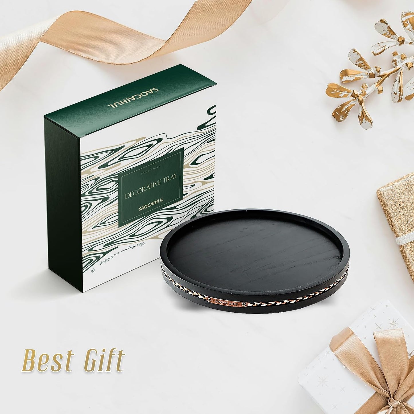 Farmhouse Decorative Round Tray / Black with Stripes / 11.81 Inch