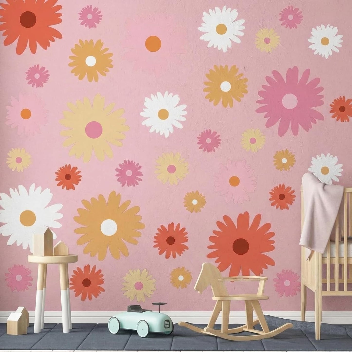 12 Sheet Daisy Wall Sticker Decal Removable Daisy Bedroom Room / Artsy Style / Bright Color / Pink