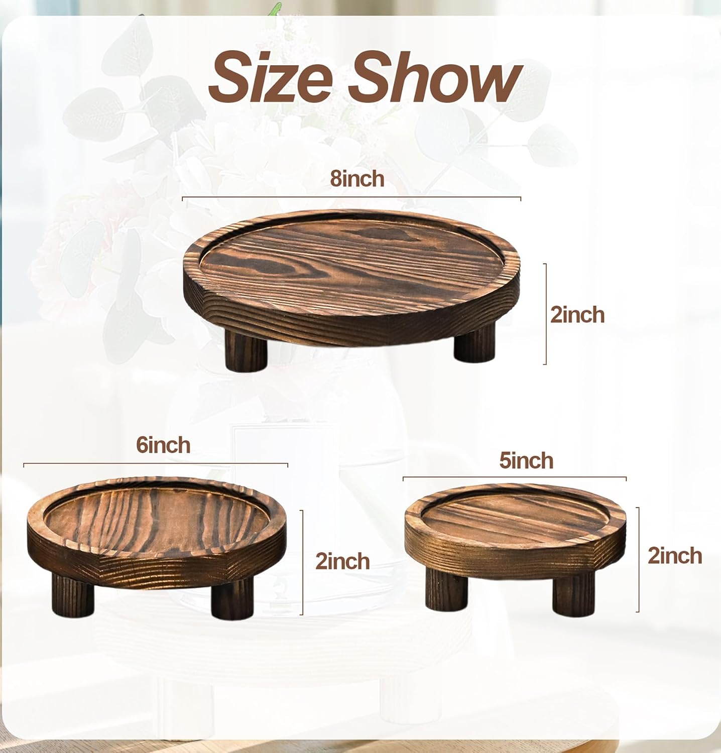 Round Wood Riser Plant Stand 5/6/8" Pedestal Stand / Brown / Set of 3