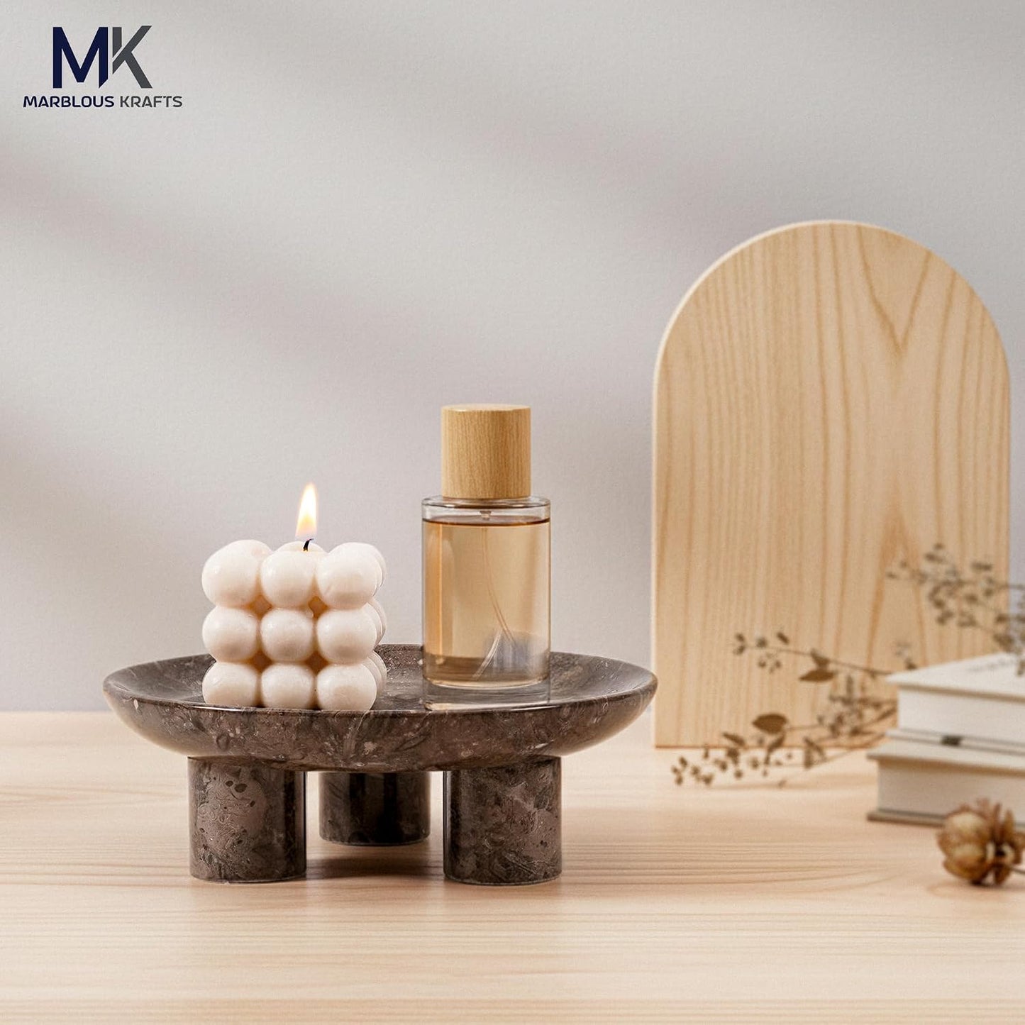 Candle Holder / Marble Decorative Tray Handmade Stone Fruit Tray / Oceanic / Natural / 8 Inch