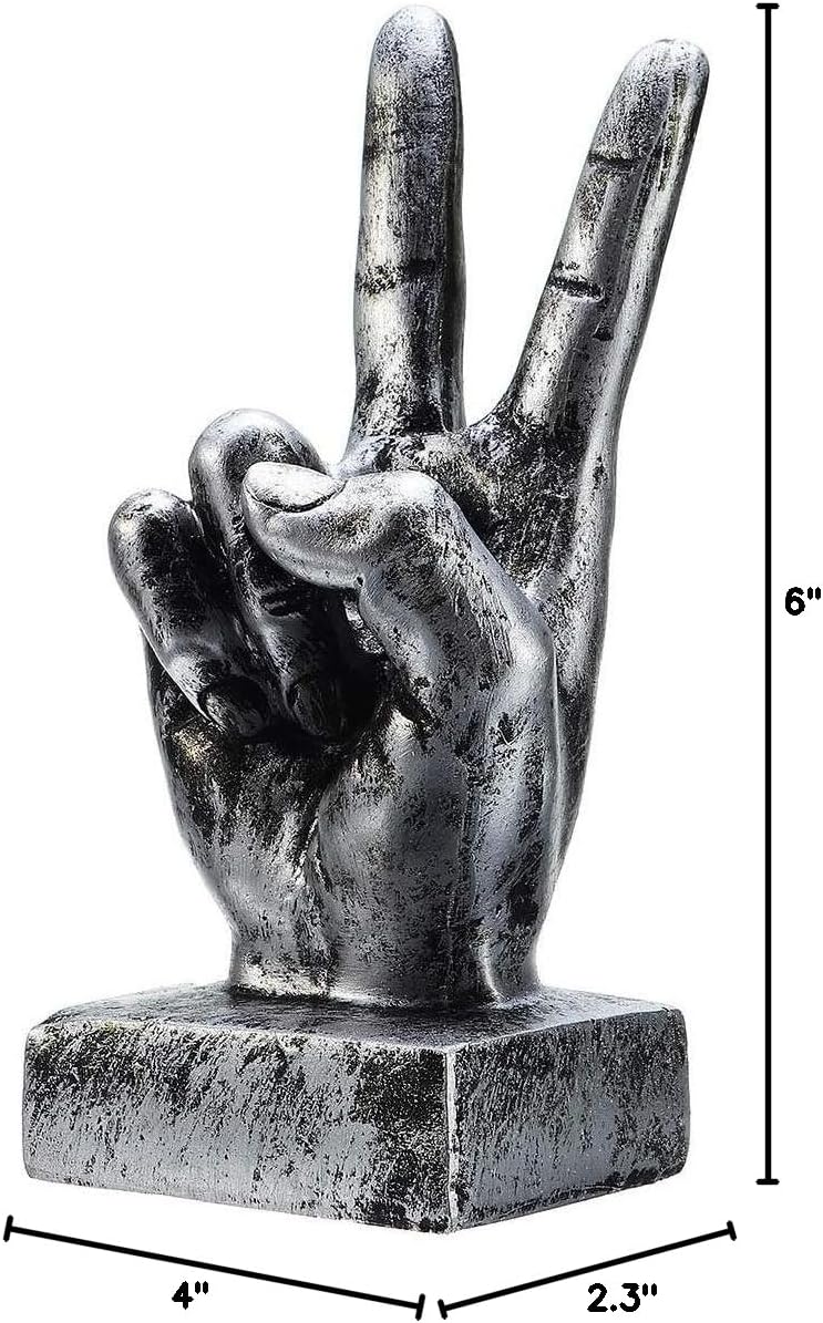 Hand Finger Gesture Desk Statues Fingers Sculpture Creative Home Living / Victory Gesture In Silver
