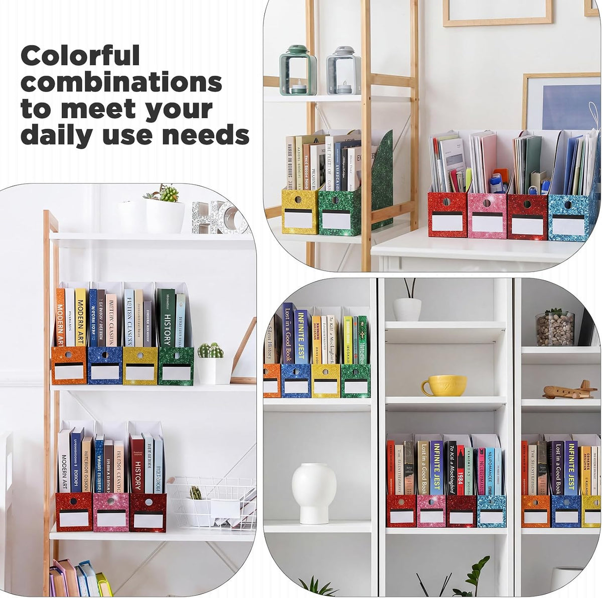 32 Pcs Cardboard Magazine File Holders Organizer, Solid, Glitter | Foldable Magazine Boxes with Label Stickers, 8