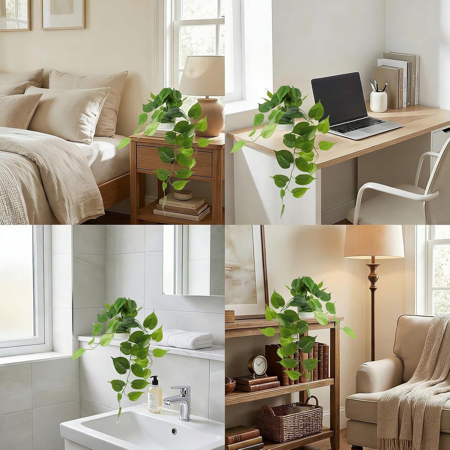 Fake Pothos Hanging Plant / Green with White Pot