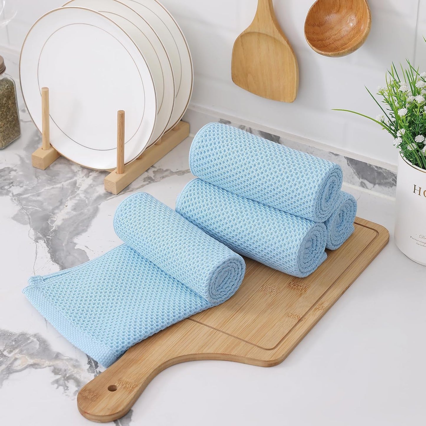 Kitinjoy 100% Cotton Waffle 12-Pack Kitchen Towels, 13" x 28", Sky Blue | Super Soft, Ultra-Absorbent, Fast Drying