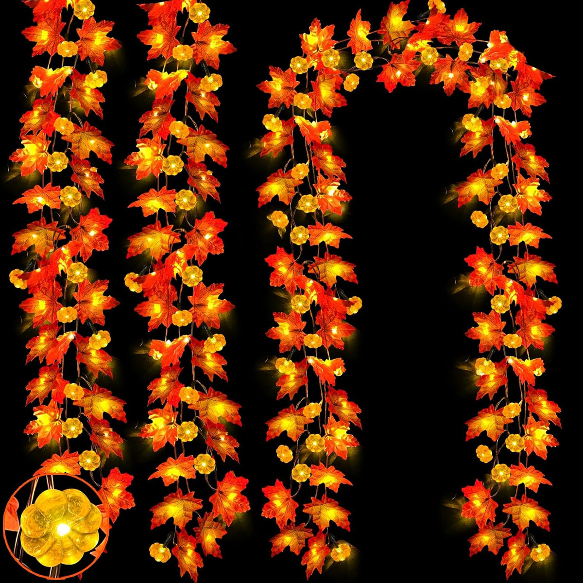 Timer&3 Pack Halloween Fall Decor Fall Garland with Pumpkin Lights 60LED