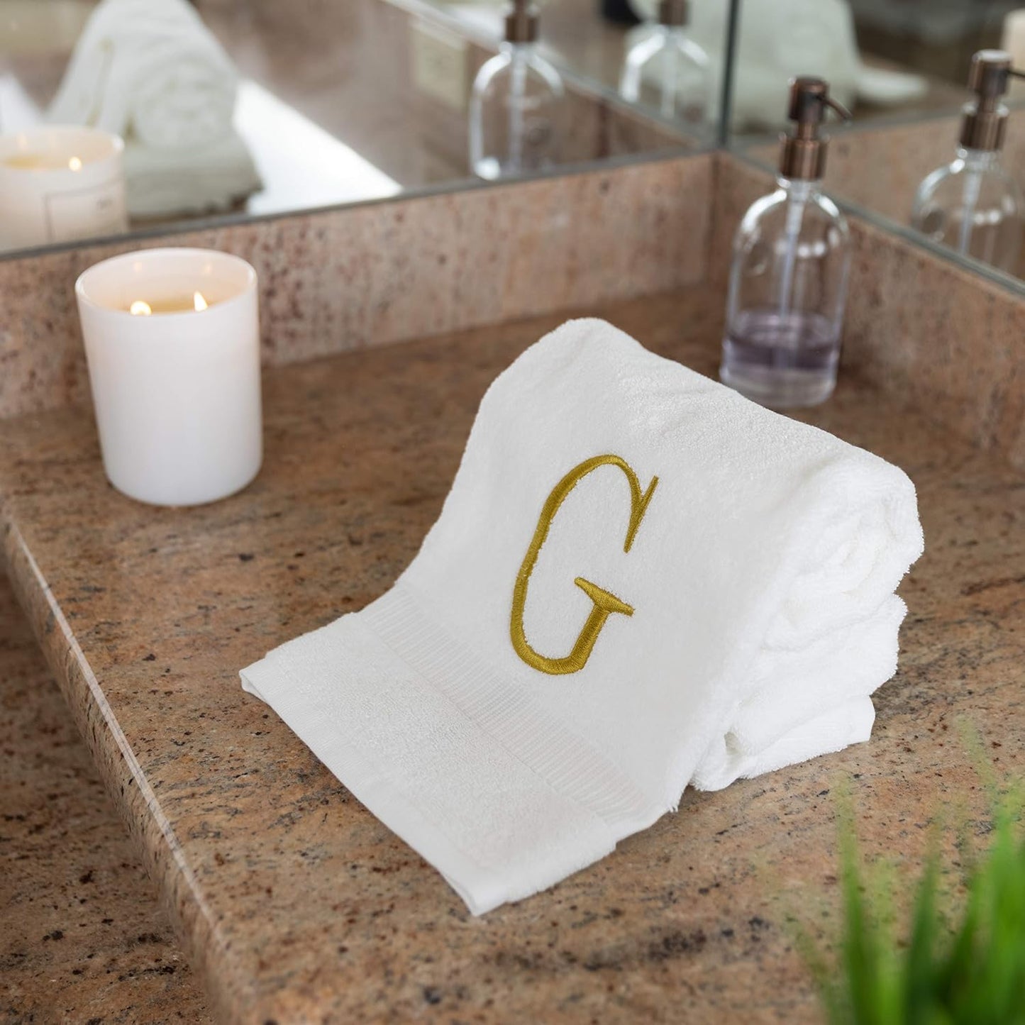 White with Gold Monogrammed Hand Towels for Bathroom - Set of 2 Letter G | Luxury Hotel Quality Initial Towels For