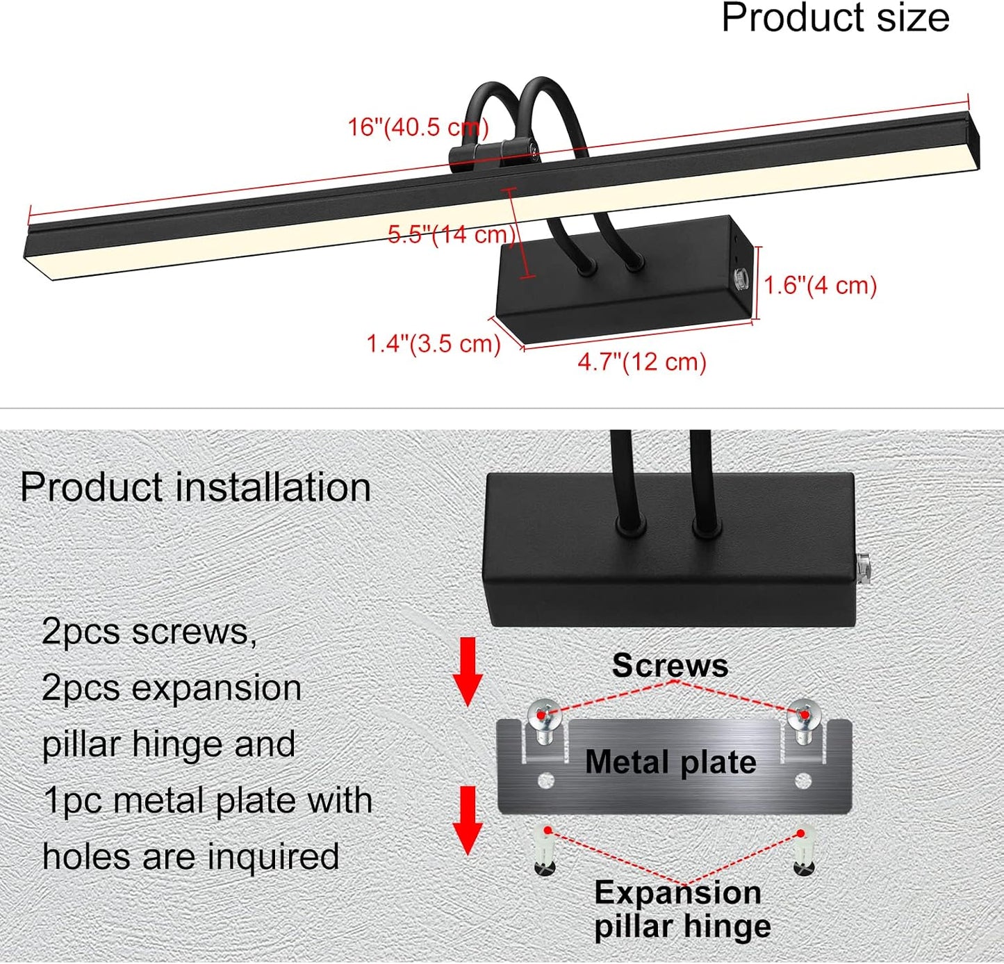 Wireless Wall Picture Light Rechargeable, 16", Black | 5000mAh Battery Operated Gallery Lights with Remote Timer, 280LM