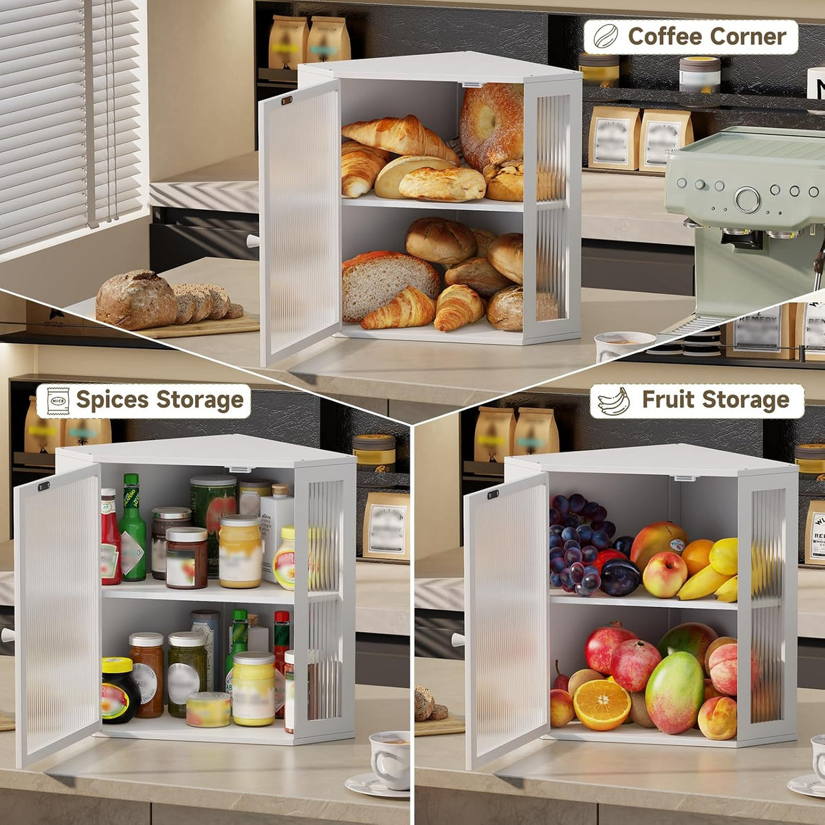Corner Bread Box for Kitchen Countertop,Bread Storage (White, Extra Large) | Double Layer Large Capacity Bamboo Bread