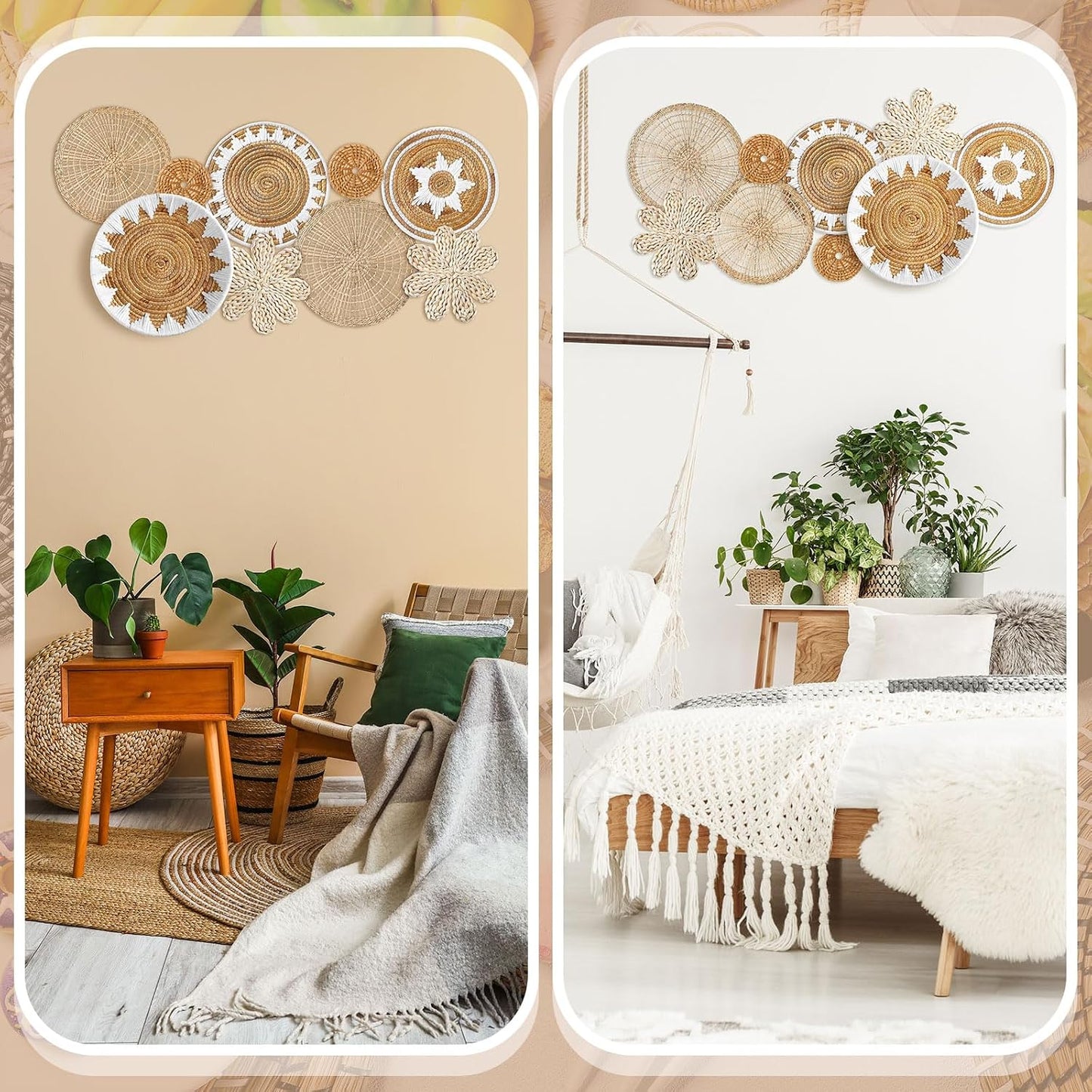 Boho Wall Basket Decor Decorative Bulrush Woven Basket Wall Decor Rustic / Flower / Set of 8