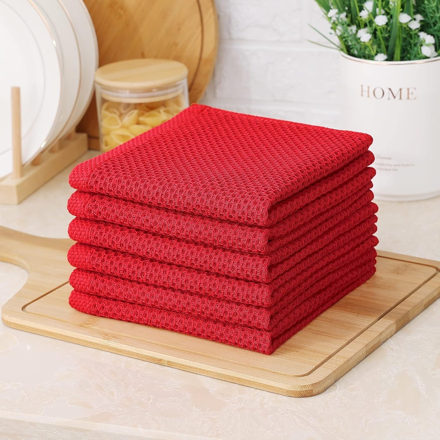 Kitinjoy 100% Cotton Waffle 12-Pack Kitchen Towels, 12" x 12", Red | Ultra Absorbent, Super Soft, lightweight, Quick