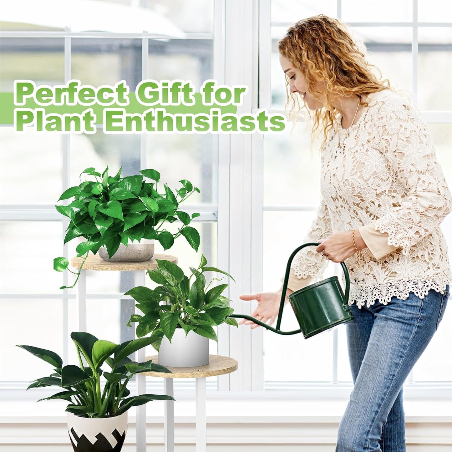 4 Tier Wood Tall Plant Stand Metal Rack Indoor, Multiple Flower Pot Holder Shelves Corner Rack, Round Planter Shelf