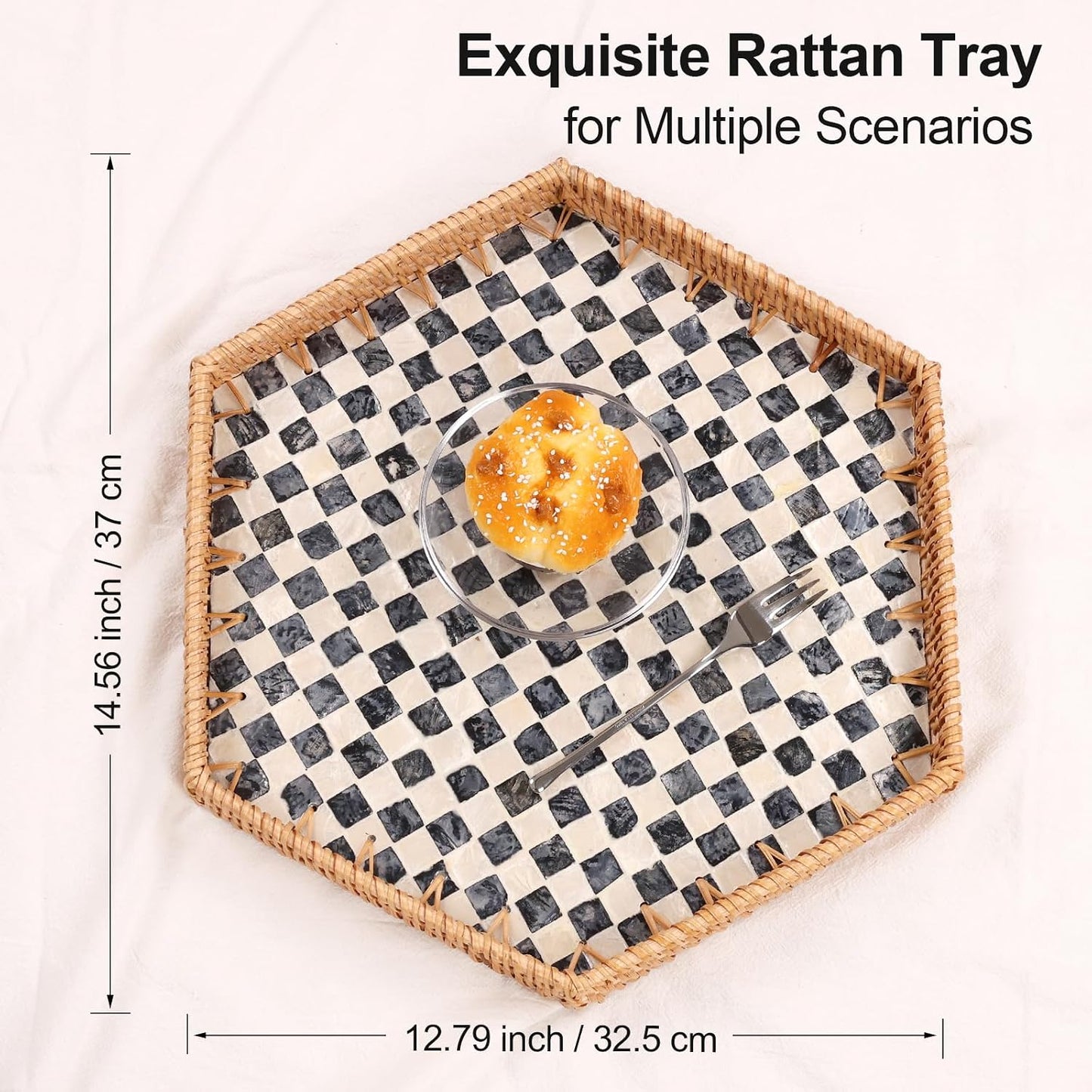 Hexagon Rattan Tray / Black Checker