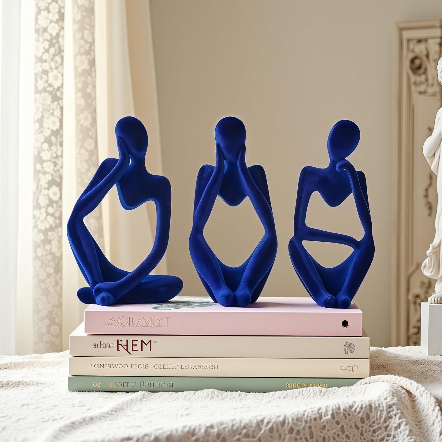 Thinker Statue Home Decor-Bookshelf & Living Room&Mantel-Collectible / Flocking Blue / Set of 3