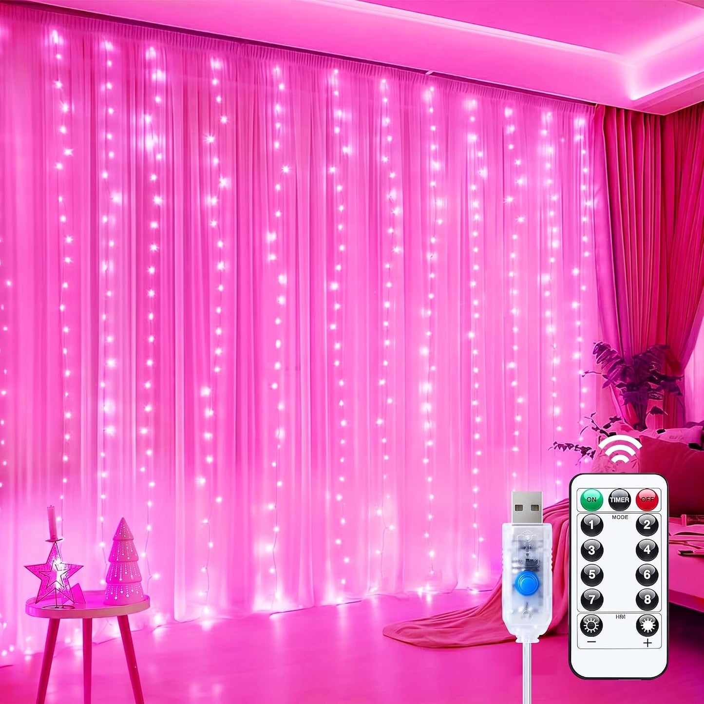 Minetom Curtain Lights, 300 LED Dimmable Twinkle Fairy Lights, 8 Modes
