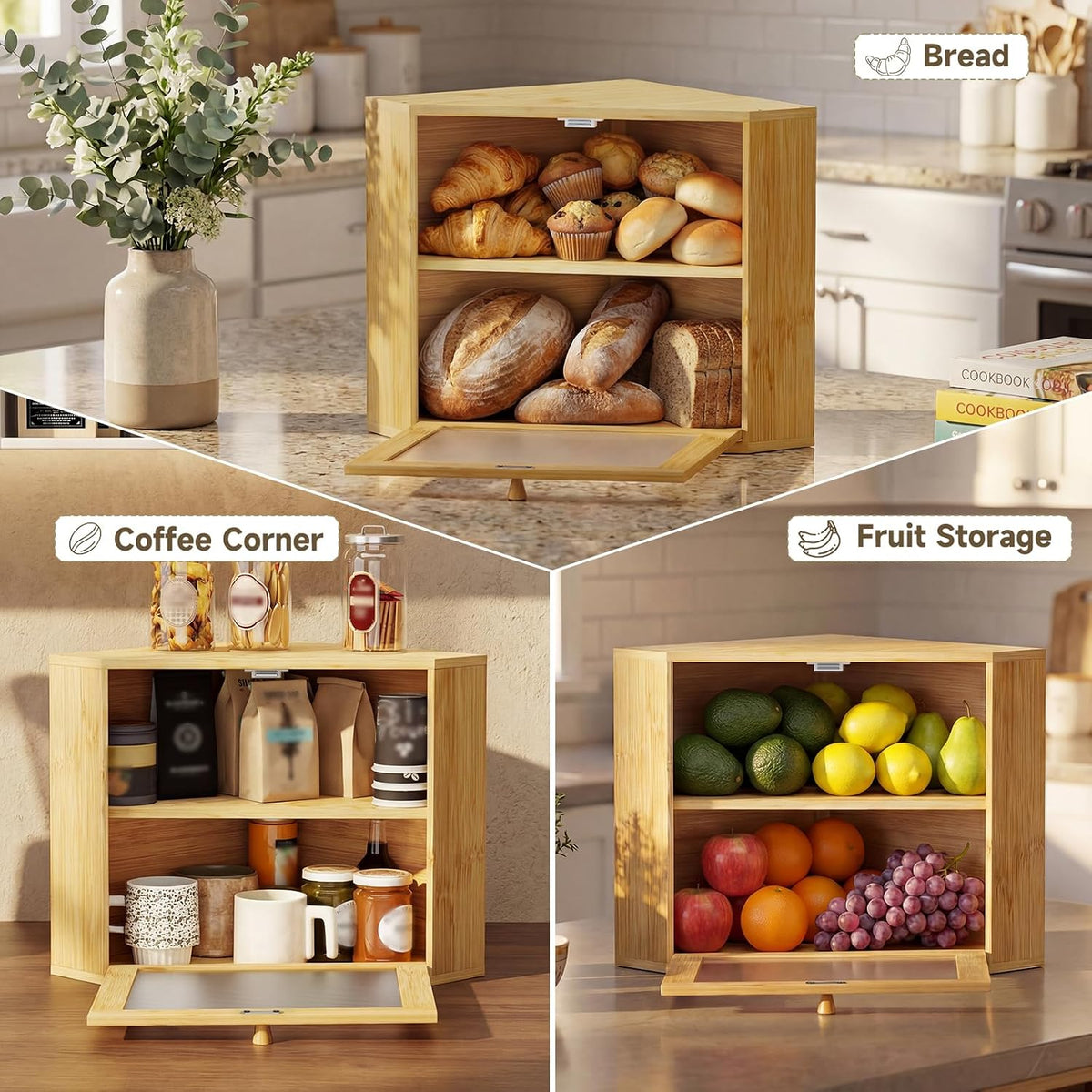 Bread Box for Kitchen Corner Countertop,Large Bread Basket (Natural,Large) | Double Layer Bamboo Bread Storage