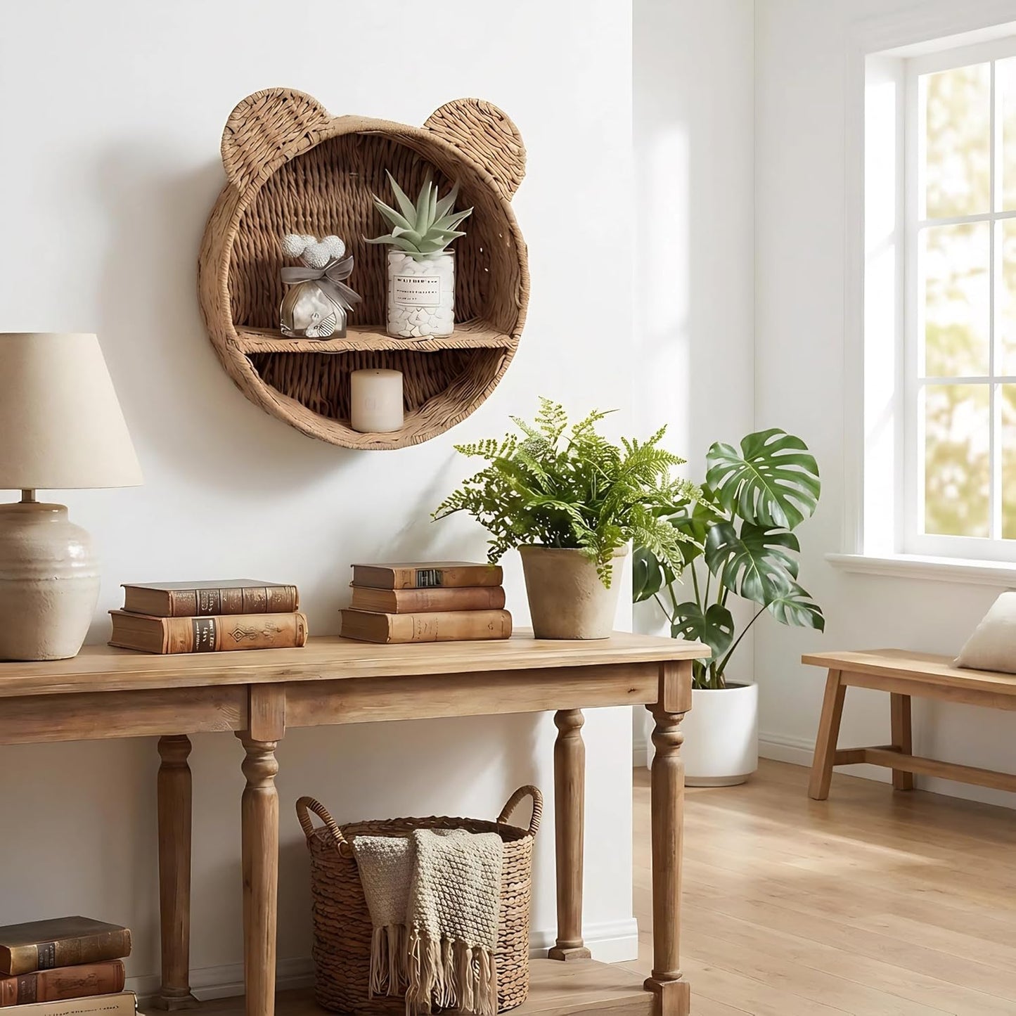 Woven Wall Basket Shelf Bear Nursery Decor / Khaki