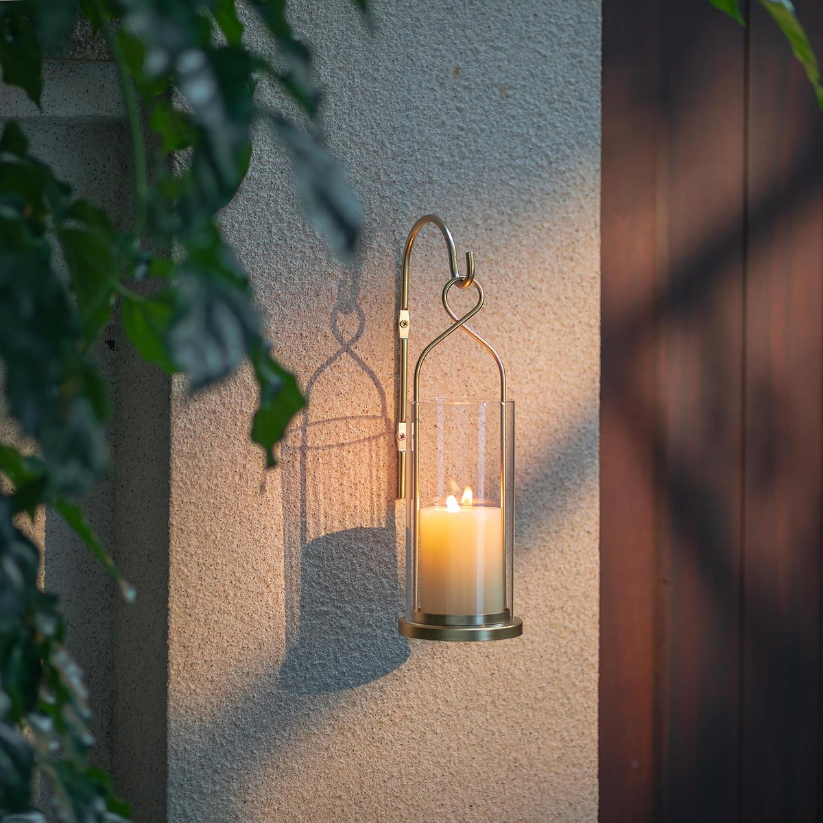 Gold Candle Sconces Set of 2, with Hurricane Glass | Modern Wall Candle Holder, Metal Lantern Decoration, for Pillars