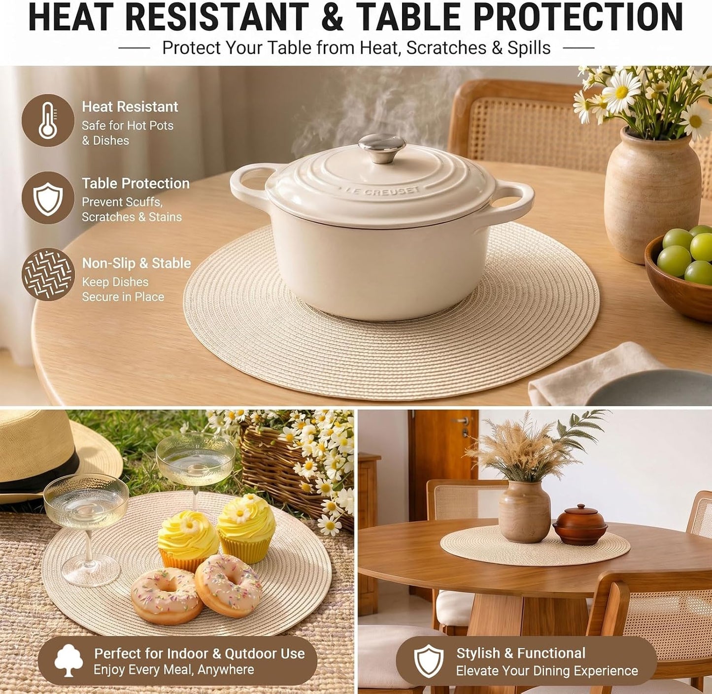 FunWheat Round Braided Placemats Set of 8 Place Mats for Dining Table Woven Washable Non-Slip Table Mats 15
