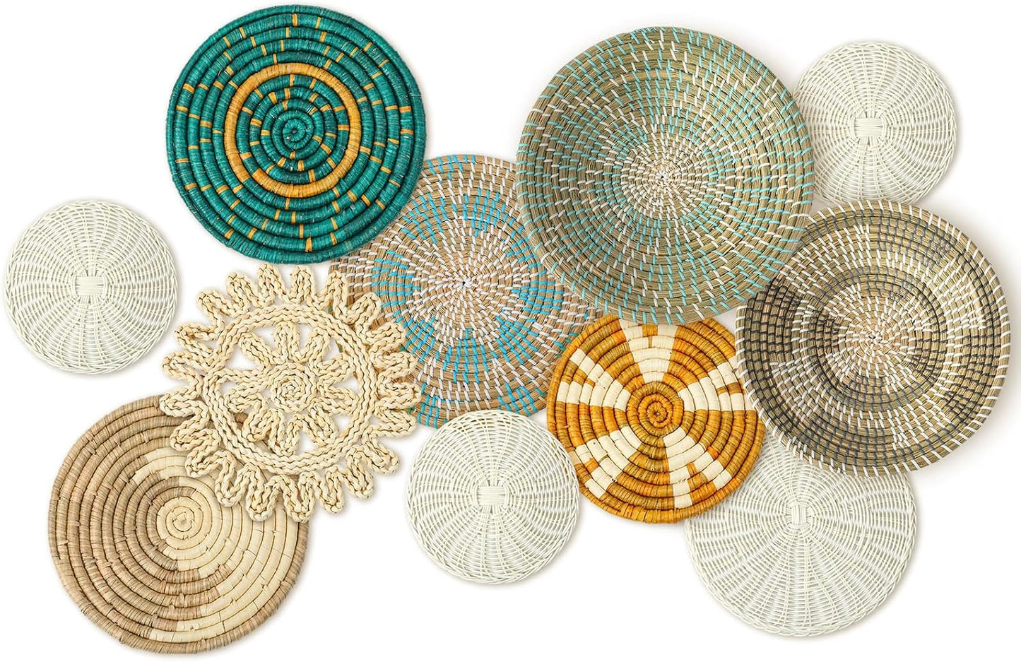 Boho Wall Basket Decor Bulrush Woven Wall Hanging Art Round Farmhouse Rustic / Bright / Set of 11