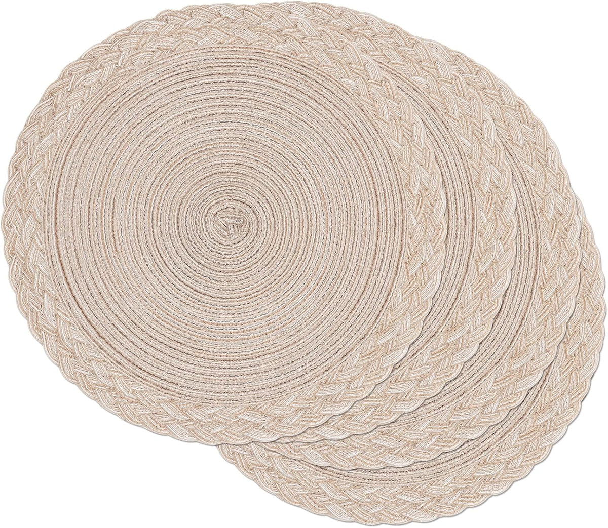 Floroom 15 Inch Round Braided Placemats Set of 4, Washable Heat Resistant Cotton Polyester Circle Boho Place Mats for Kitchen Dining Table - Canvas Beige Bordered