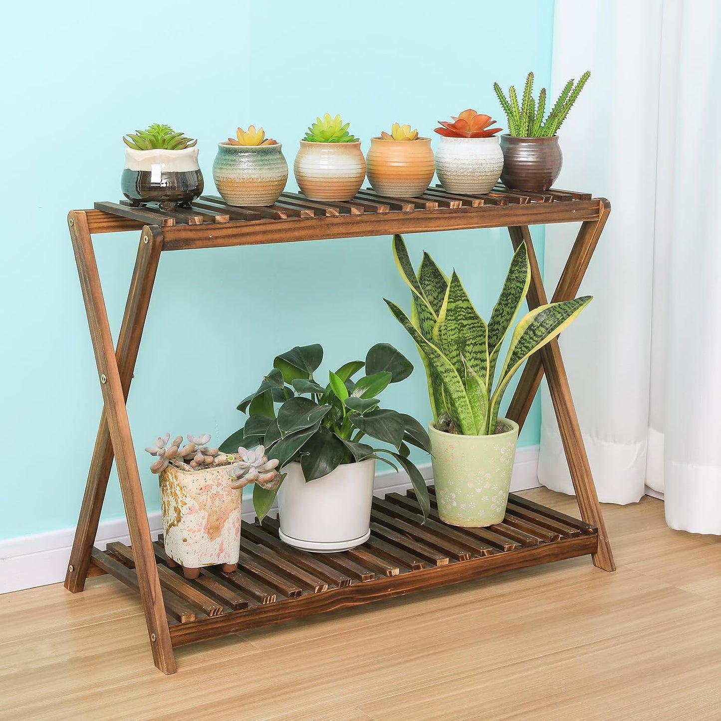 Wooden Plant Shelf Indoor, Narrow Plant Bench for Multiple Plants | 2 Tier Window Plant Stand, Corner Flower Pot Stand