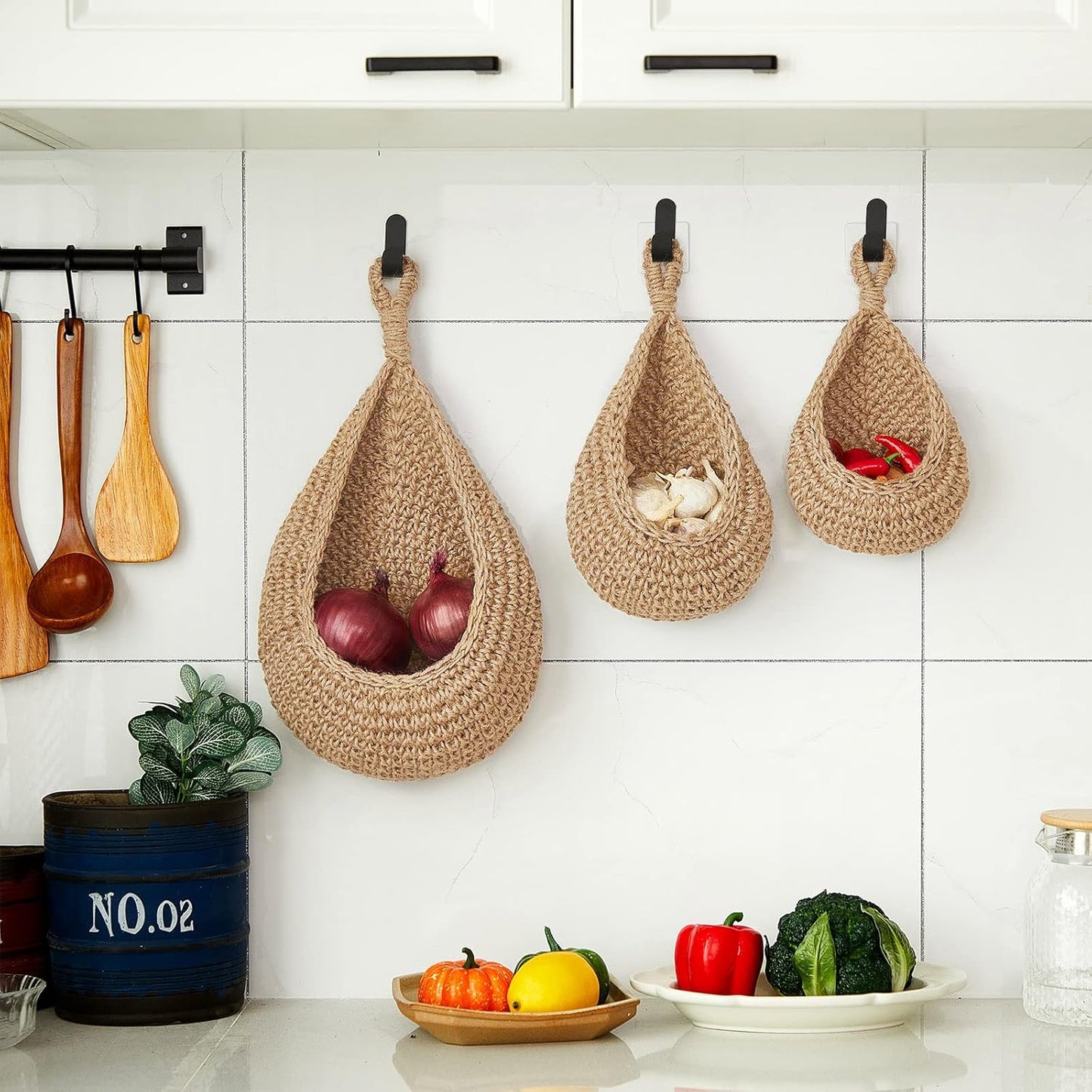 Boho Decor Hanging Wall Baskets / Light Linen / Cotton Rope / Teardrop / Set of 3