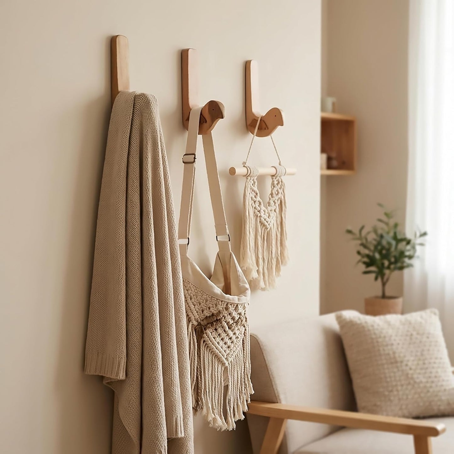 Bird Wood Wall Hooks -Decorative Adhesive Hooks for Hanging Keys