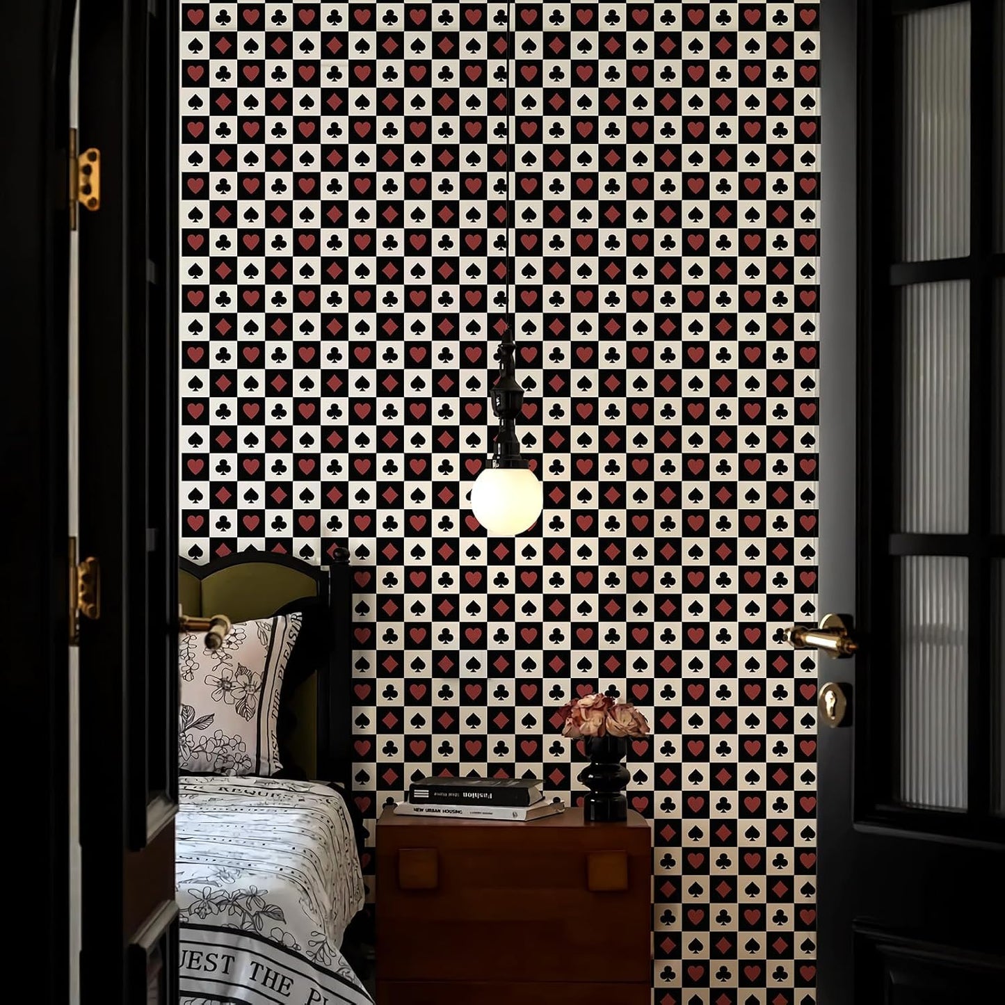 Wallpaper Peel and Stick Red "Gothic Contact Paper Self / Poker / Checkered / 17.3 x 120 / Black