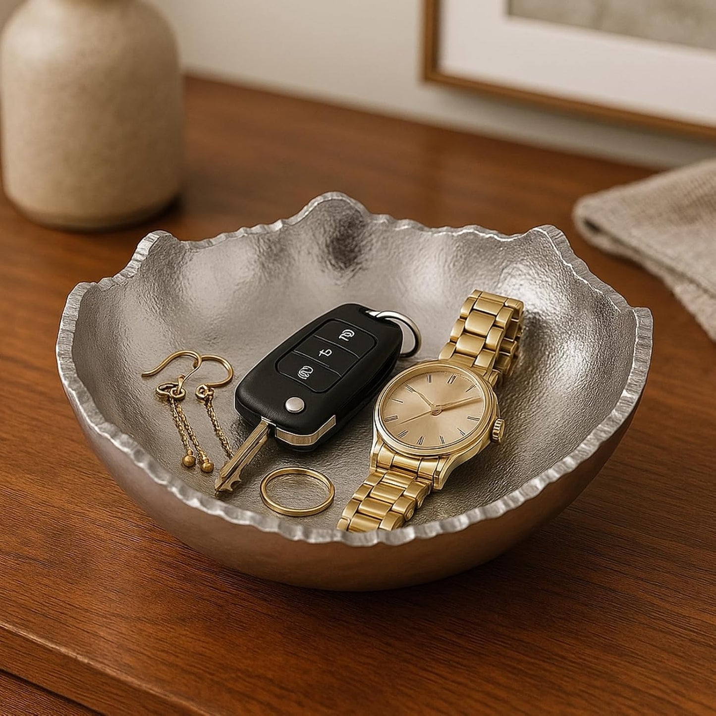 Decorative Moon Decorative Metal Torn Hammered Asymmetrical Centerpiece Bowl / Silver / 8.5 Inch