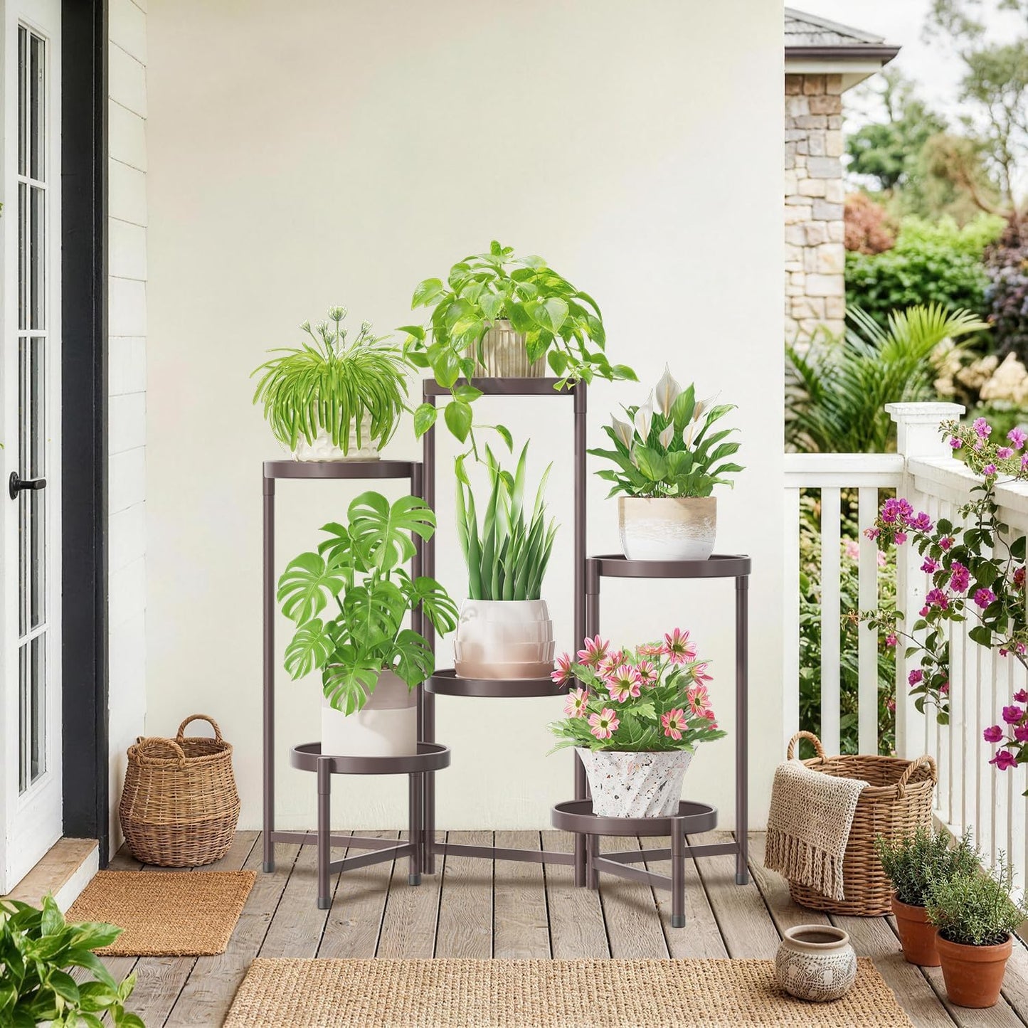iDavosic.ly 6 Tier Large Plant Stand Indoor Outdoor, 10 Inch Tray, Bronze | Tiered Metal Corner Heavy Duty Multiple