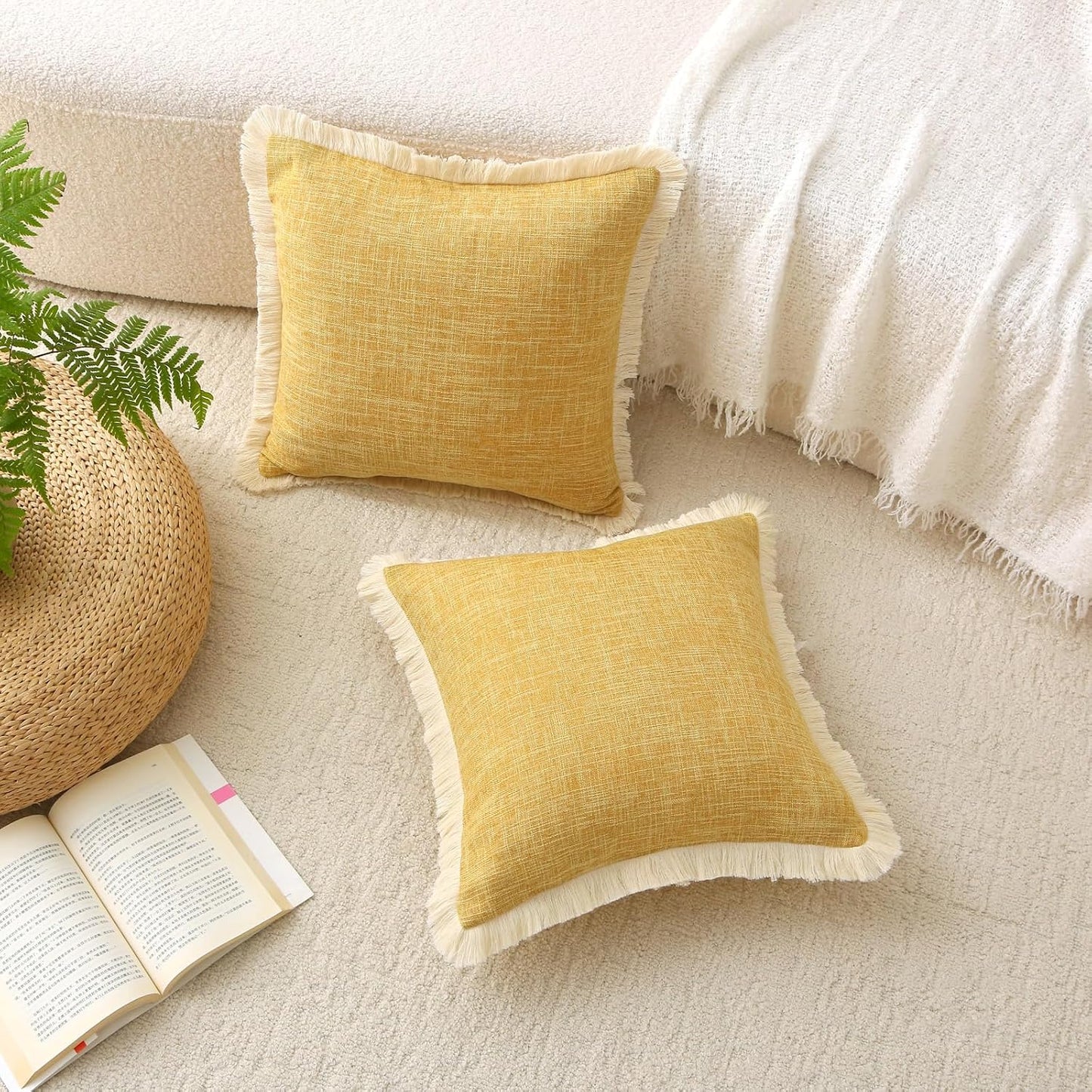 Boho Burlap Decorative Throw Pillow Covers Tassels Rectangle / Mustard Yellow / 20 x 12 / Set of 2