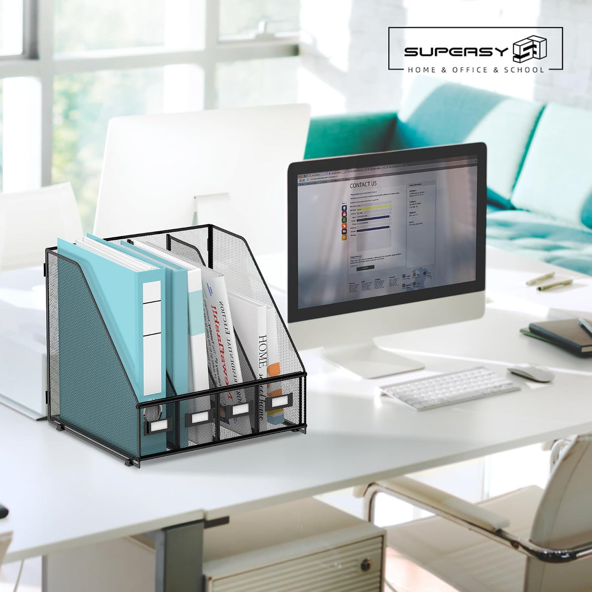 4-Compartment Magazine File Holder and File Organizer for Desk, Black | Metal Magazine Holder and Magazine File Holder