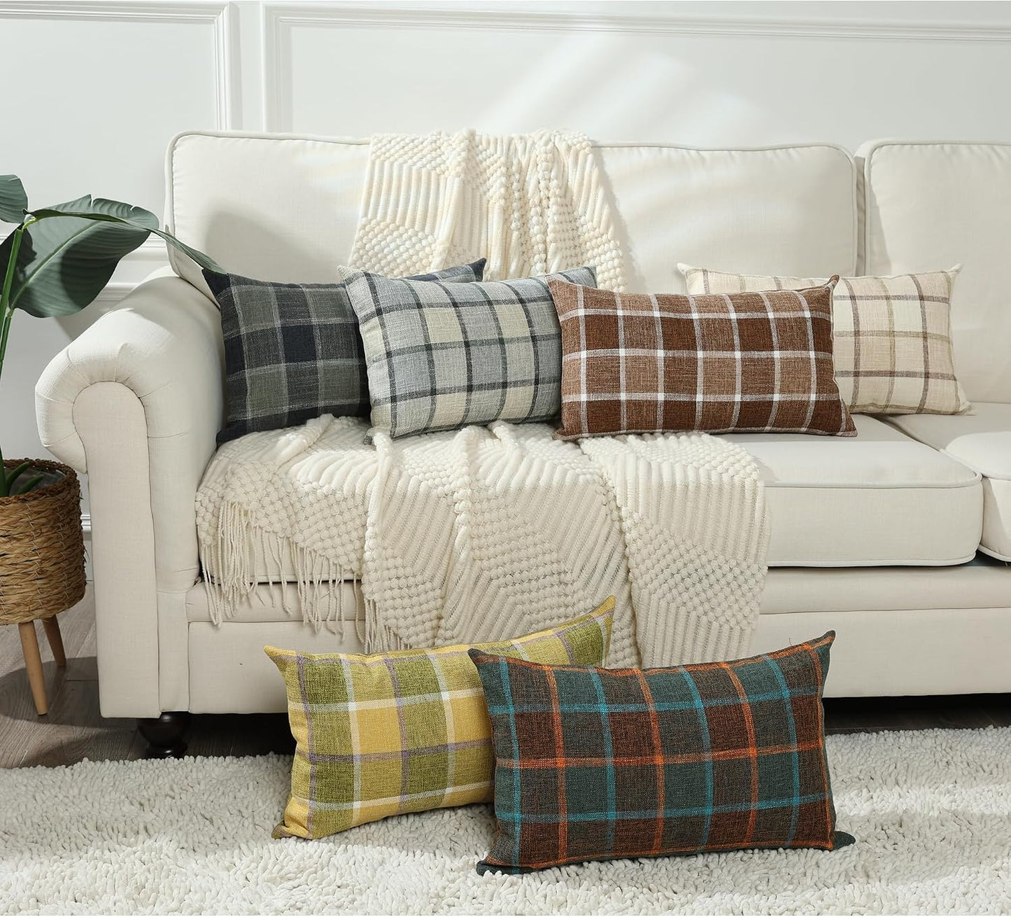 Fall Lumbar Linen Buffalo Check Throw Pillow Covers Autumn / 20 x 12 / Check-beige / Set of 2