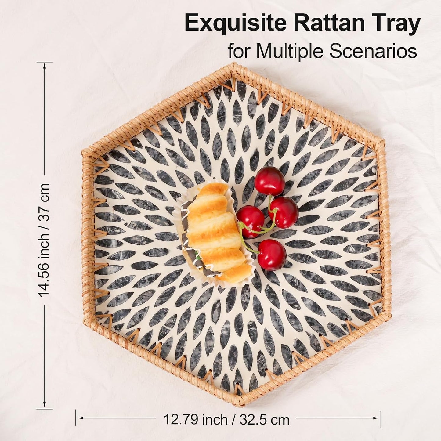 Hexagon Rattan Tray / Black Leaves