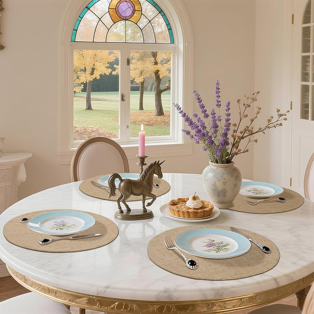 Cotton Linen 15 Inch Round Cloth Place mats, Set of 8, Linen | Washable Table Mats, Heat Resistant, Reversible