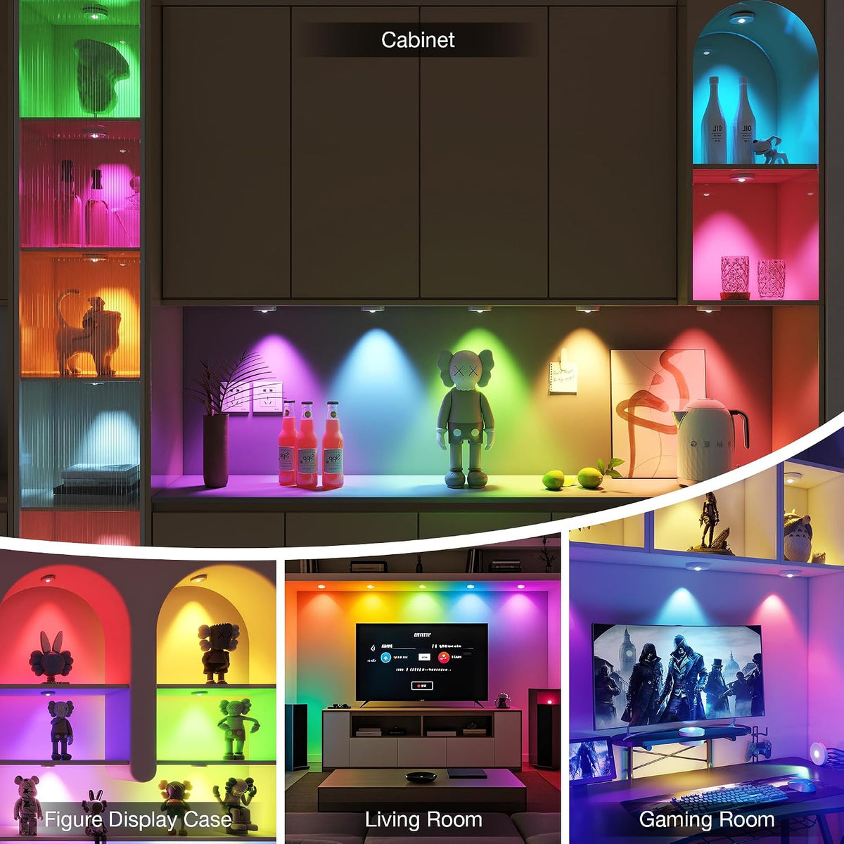 RGB Puck Lights with Remote Control,Under Cabinet Lighting,Silver,5PCS | 2000mAh Battery Operated Tap Lights
