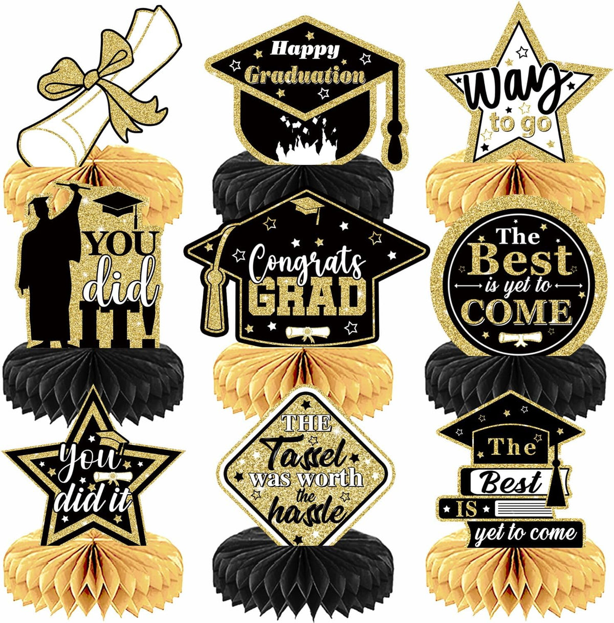 Graduation Table Decorations 2026 - Graduation Centerpieces for Tables, 9 Pcs Black and Gold Honeycomb Centerpieces, 3D Congrats Grad Table Toppers for Class of 2026 Grad Party Decorations