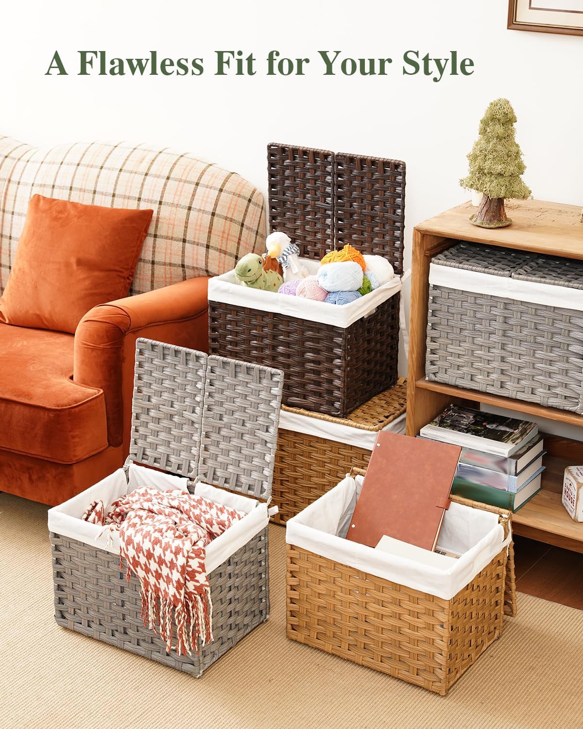 Lid Woven Wicker Baskets / Natural / 35l-15.7l*11.8w*11.8h