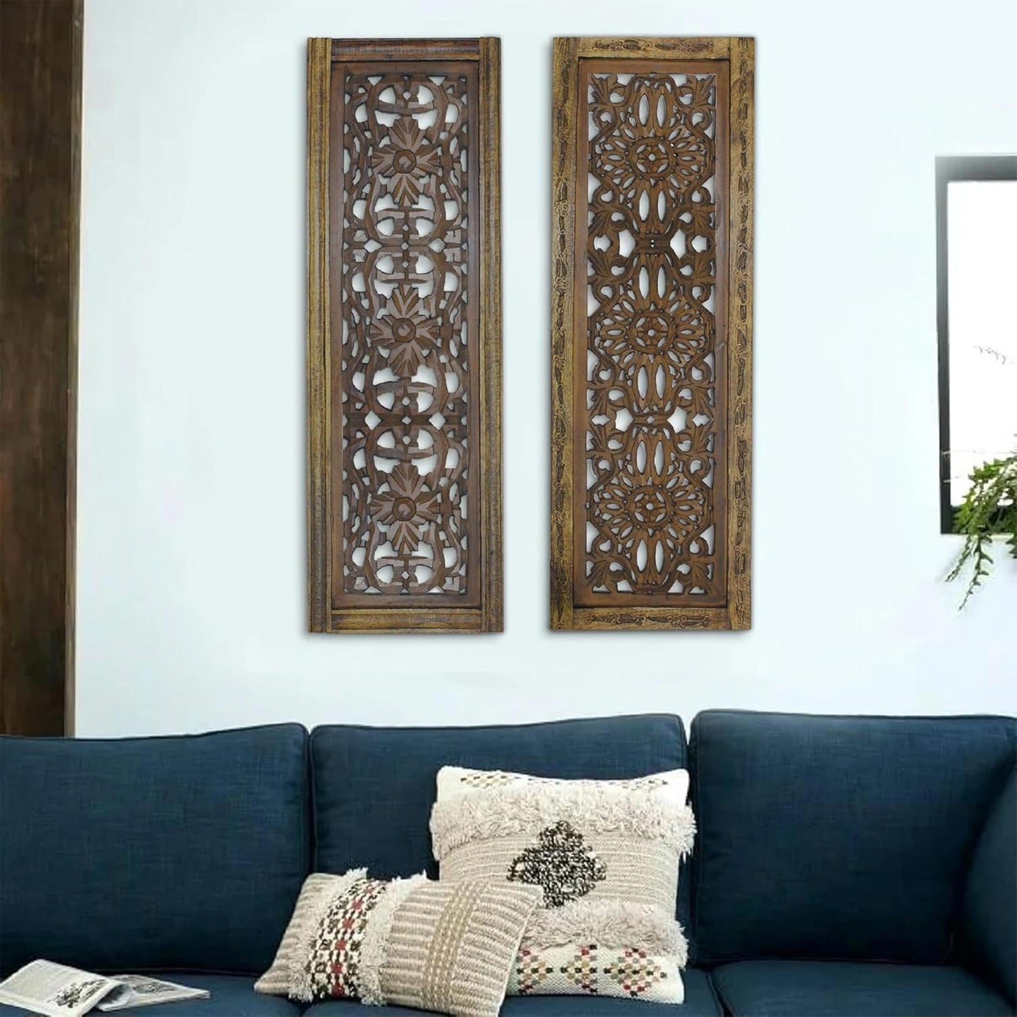 Floral Hand Carved Wooden Wall Panels / Rustic Brown / Set of 2