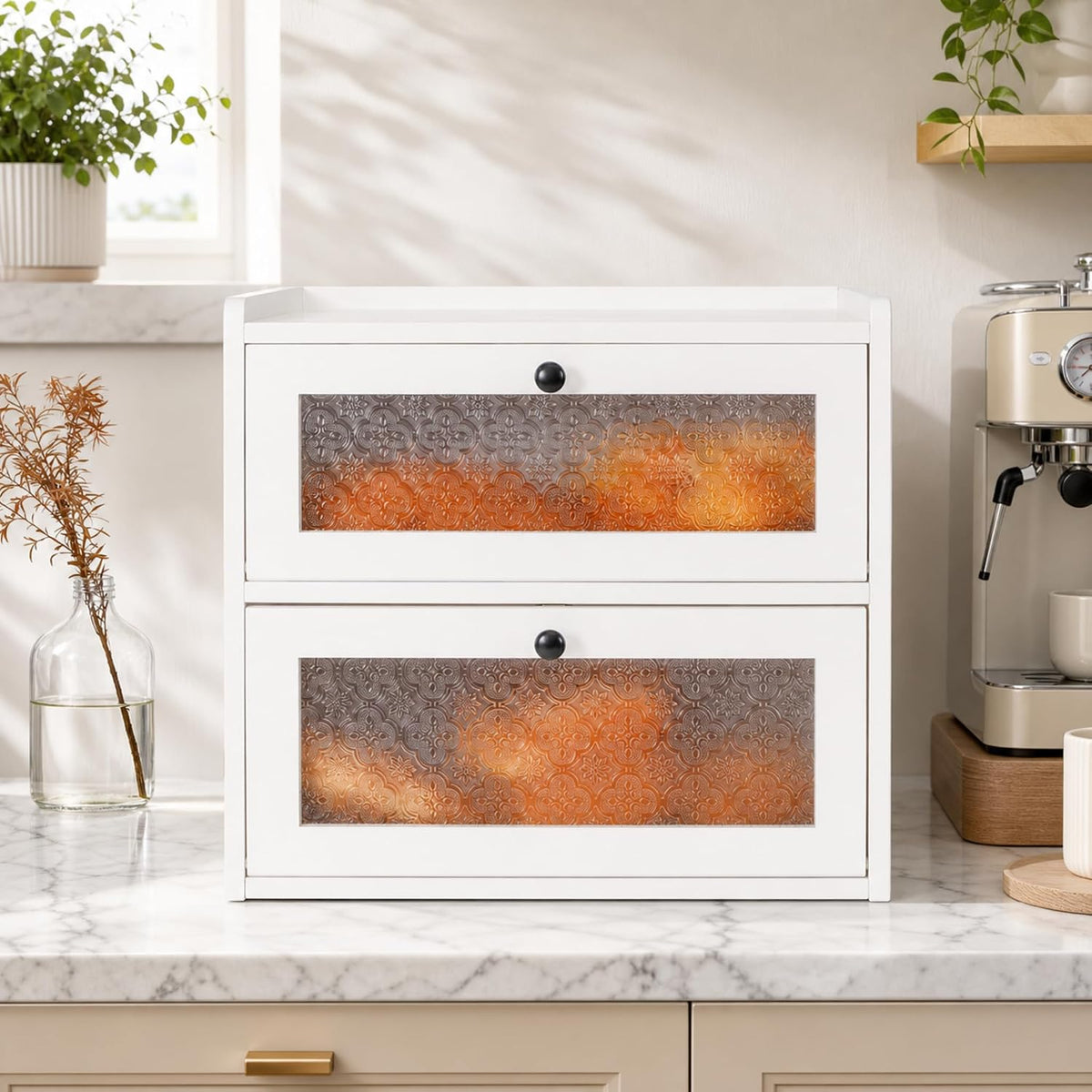 Sunhoo Bread Box for Kitchen Countertop, Large Pine Wood Breadbox, White | Farmhouse Pantry Container, Double Layer