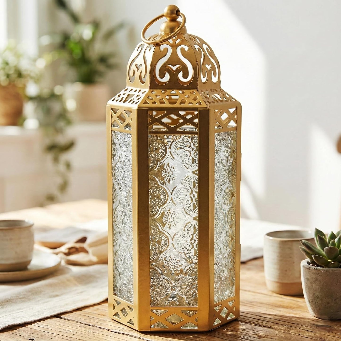 Vela Lanterns Decorative Indoor Moroccan Candle Holders, Gold, M, 2-Pack | Ramadan Decorations for Home, Eid Candle