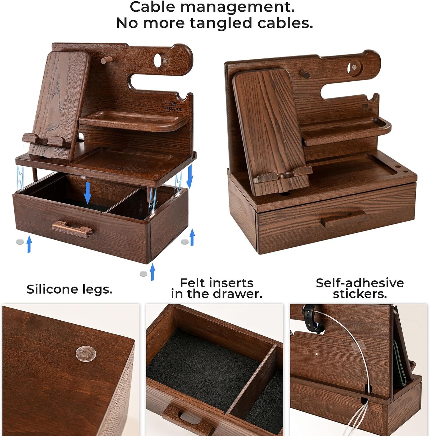 TESLYAR Wood Phone Docking Station with Drawer - Nightstand Organizer - Desk Organizer for Husband - Birthday Gifts for