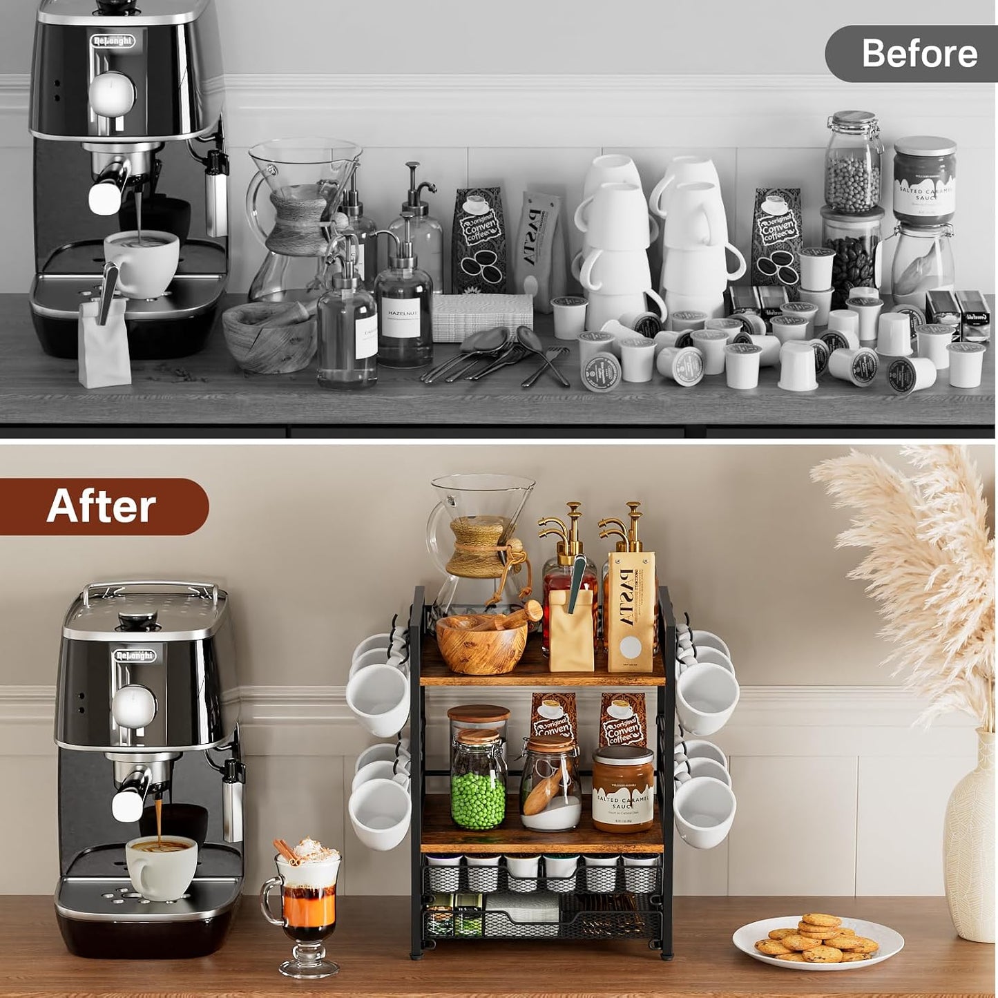 Plaviya Coffee Bar Organizer Coffee Station K Cup Holder for Countertop | 30 Coffee Pods Organizer, Mug Holder with 12