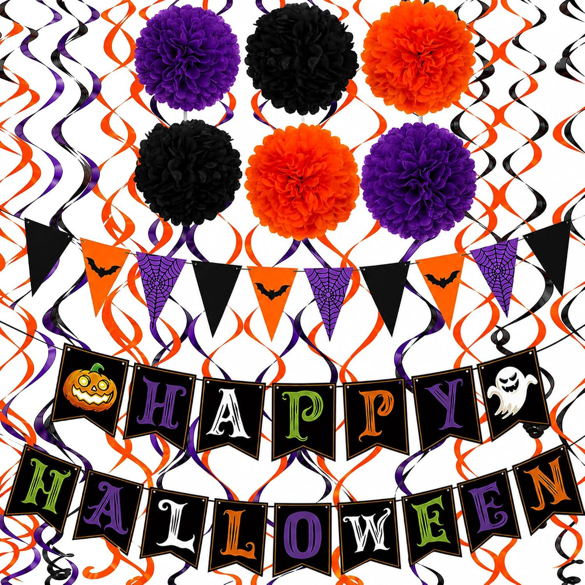 Halloween Decorations - HAPPY HALLOWEEN Banner with Hanging Swirls Pompoms