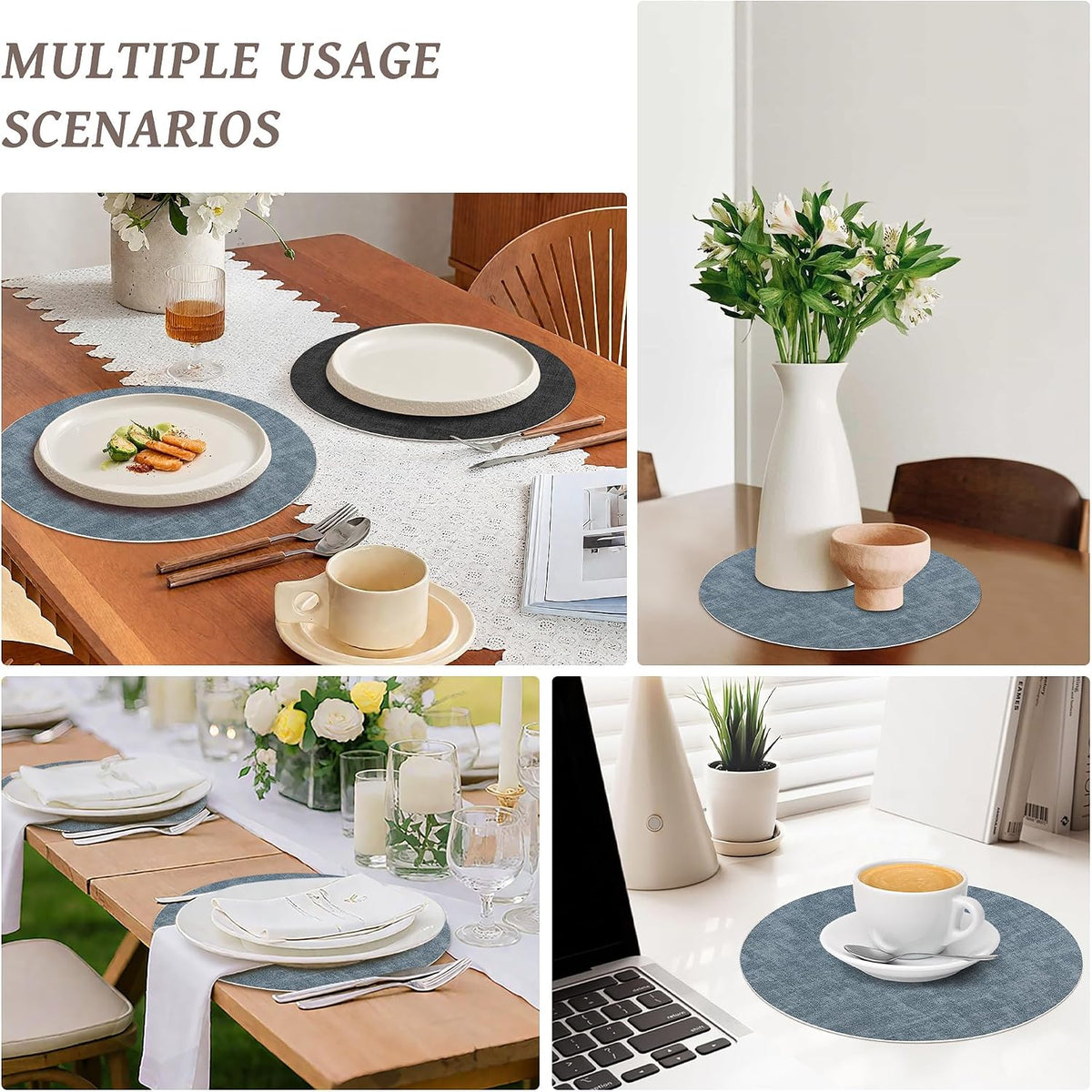 NCUE 13" Faux Leather Round Placemats Set of 6, Reversible Dual-Color | With 3.9" Coasters, 2 mm Vinyl Table Mats