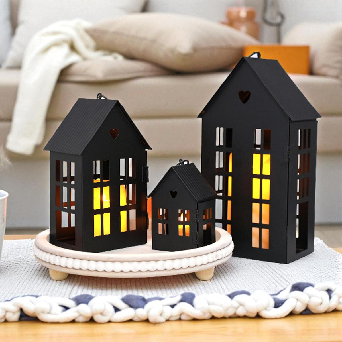 TRIROCKS Set of 3 Decorative Hanging Lanterns 13.5"&9.5"&5.5" H Gothic Street Town House Village Decor Candle Holders