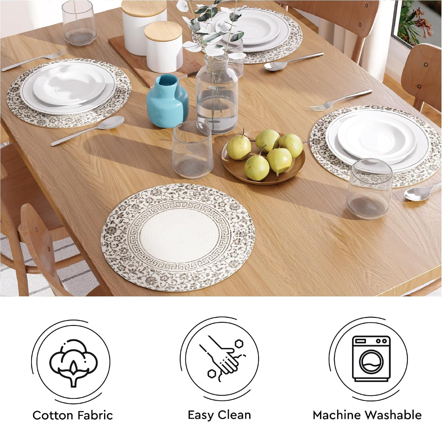 Encasa XO Placemats, Round Cotton Dining Table Mats 13" | Printed Grey, Handcrafted Ribbed Texture | Heat Resistant