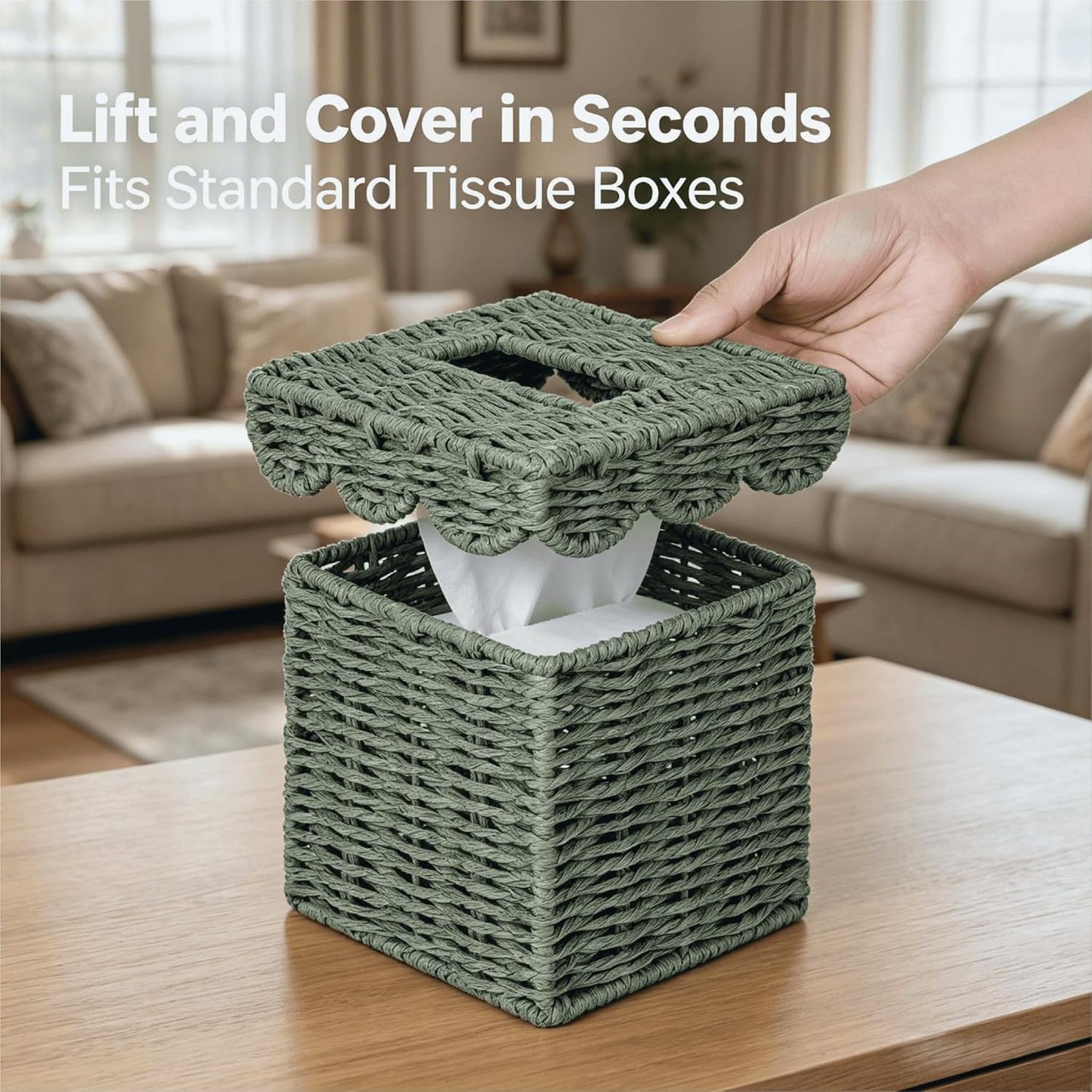 Square Wicker Tissue Box Holder Facial Tissues Boxes w/Scalloped Lid / Green